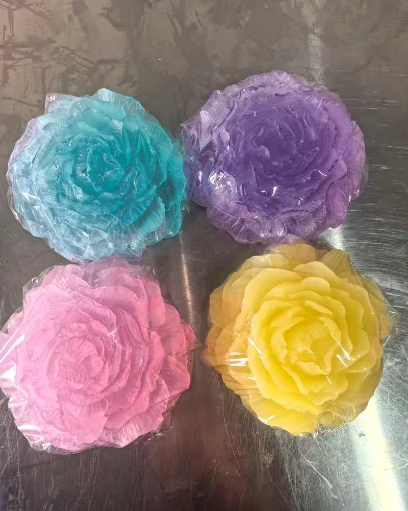 Rose shaped soaps in blue, purple, pink and yellow